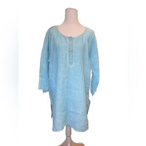 Eddie Bauer 100% Linen Tunic Blouse Size XL Light Blue Coastal Button Front Top